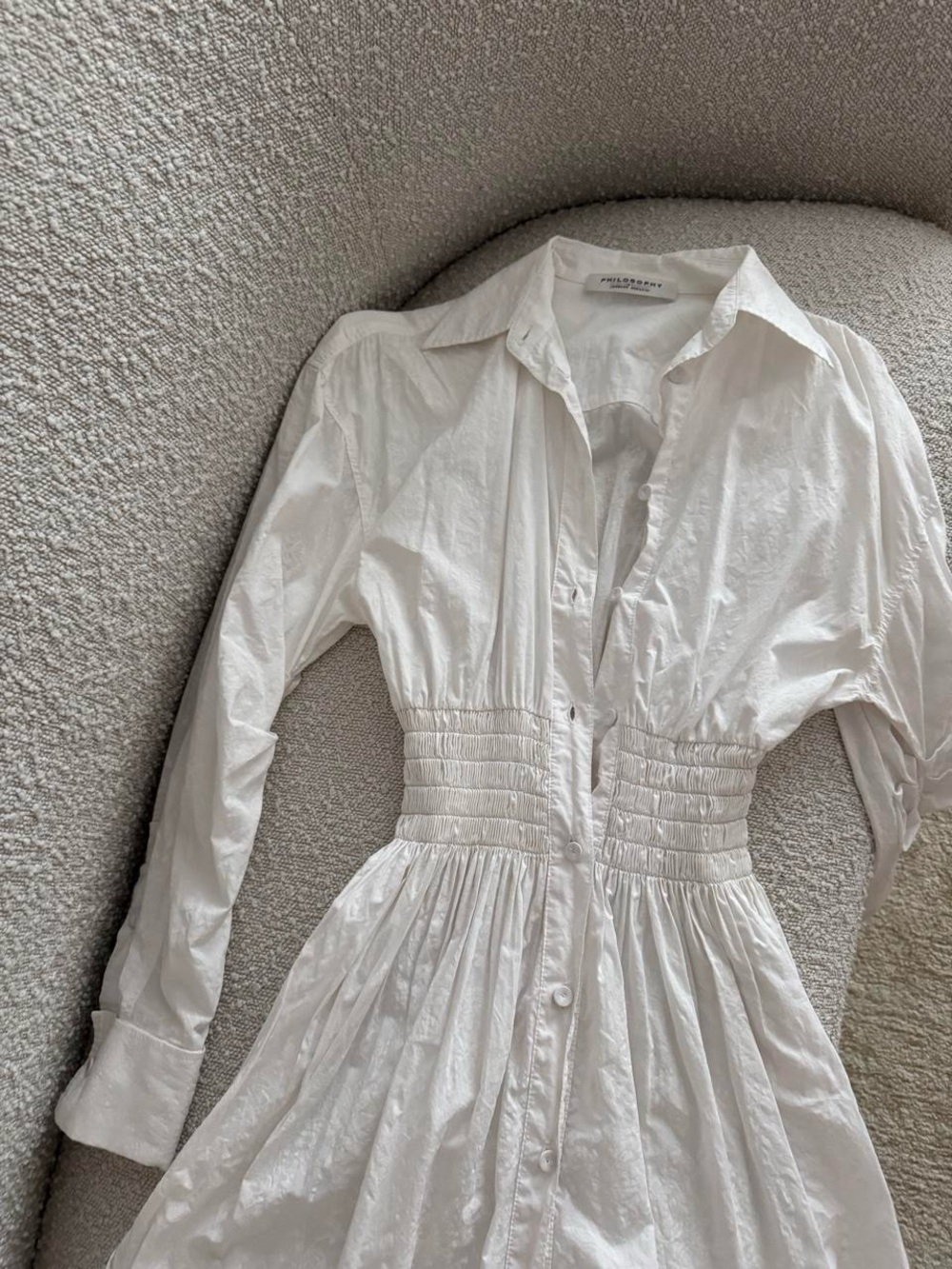 Shirred Waist White Button-Front Dress